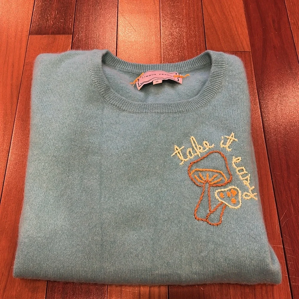 Lingua Franca mushroom Embroidered Cashmere Sweater short sleeve XL Take it easy - Picture 2 of 10